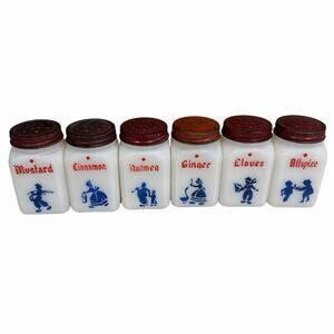 Vintage 1940s set of 6  milk glass spice jars red tin lids